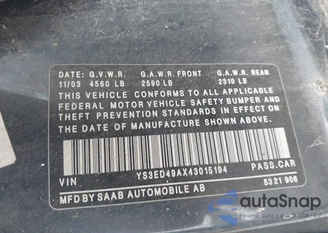 2004 Saab 9-5 Arc z USA, uszkodzony, nr VIN YS3ED49AX43015194